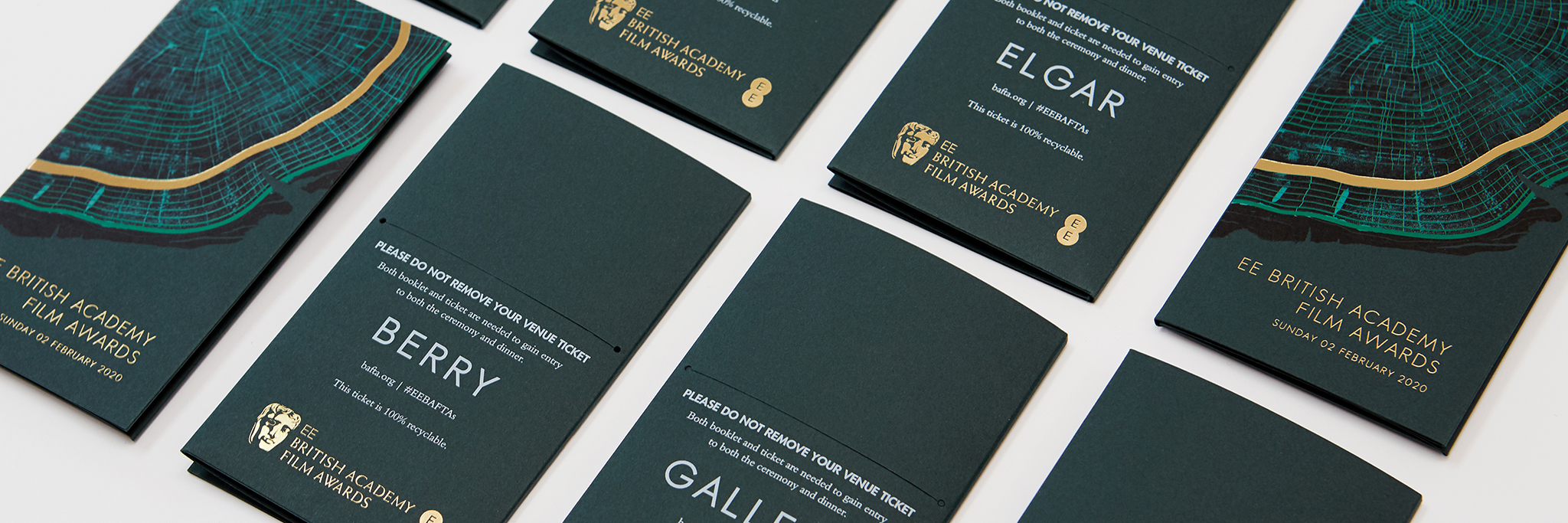 Luxury green BAFTA 2020 event tickets with embossing and gold foil detailing
