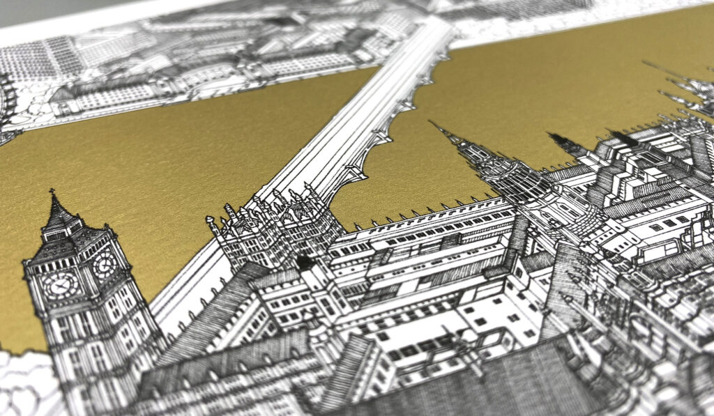 Close-up of premium printed book printed with metallic gold ink, Luxury book printing London