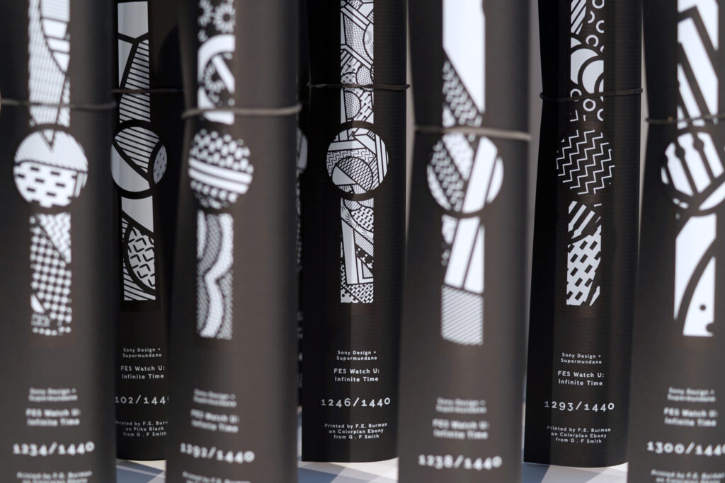 Premium printing watch band templates with intricate black and white patterns, luxury packaging and print finishes London