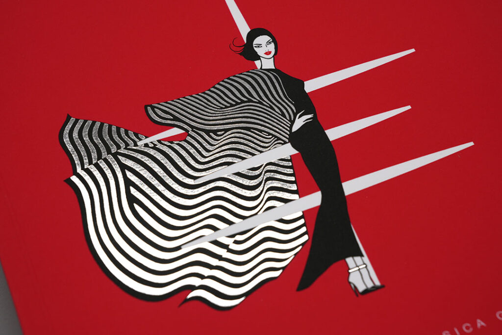 Fashion illustration with silver foil detailing on a red background, showcasing premium foil printing and metallic effects