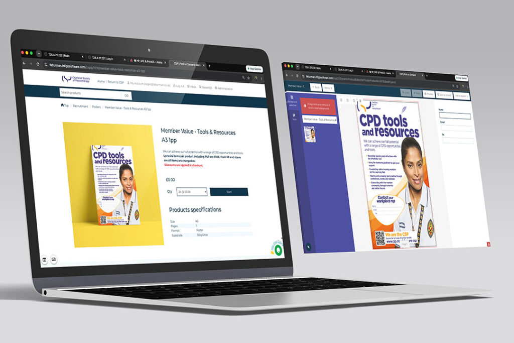 Web-to-print software showing online print ordering and personalized document editing on two laptop screens